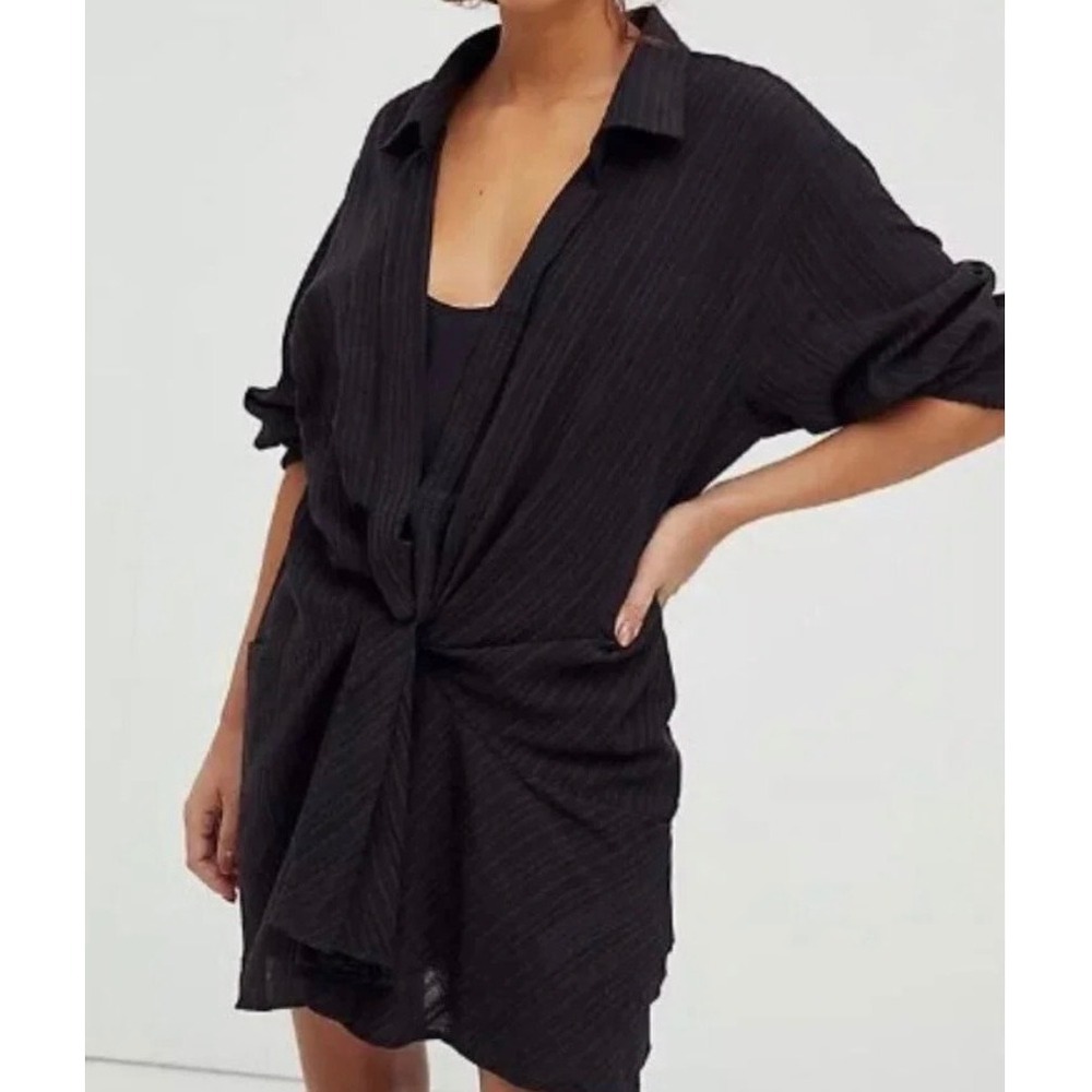 Free People Black Twist Front Mini Dress Textured Stripe Long Sleeve Large